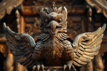 Wooden Garuda statue with powerful wings and fierce expression AI Image