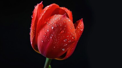 fresh red tulip flower on black background in studio shoot macro mode 