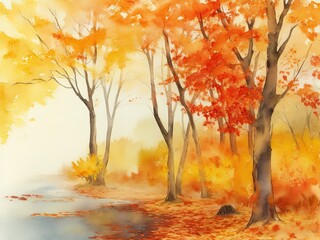 Free image of an abstract, watercolor-painted landscape with autumn leaves produced by artificial intelligence.
