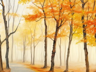 Free image of an abstract, watercolor-painted landscape with autumn leaves produced by artificial...