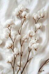 White cotton flowers on white cotton fabric background for sustainable fashion or organic products. Eco-friendly textile. Environmentally conscious choice. Natural cotton fabric textile.