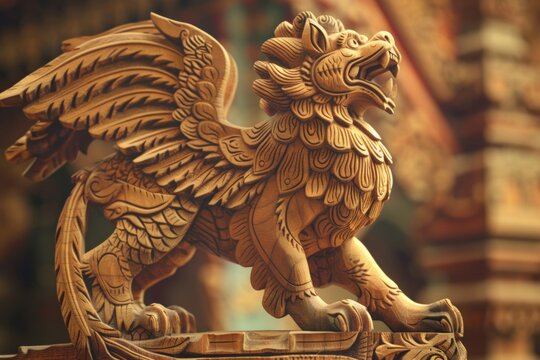 Wooden Griffin sculpture with majestic wings and powerful lion's body AI Image
