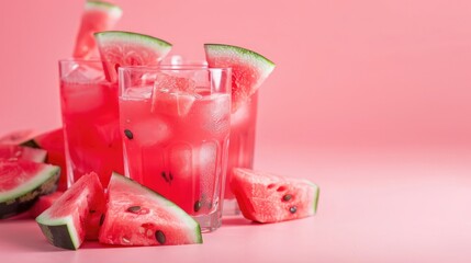 healthy drinks. watermelon smoothie on pink wooden background,Refreshing desserts of watermelon isolated,A cold watermelon drink with ice.