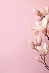 Beautiful magnolia flowers isolated on pink background, delicate spring-themed design, copy space
