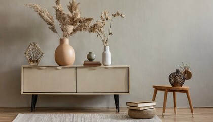 Effortless Elegance: Minimalist Home Decor Template Featuring Beige Sideboard and Personal Accents"