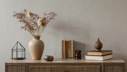 Fototapeta na wymiar Effortless Elegance: Minimalist Home Decor Template Featuring Beige Sideboard and Personal Accents