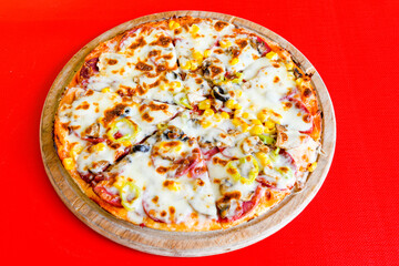 Delicious mixed pizza with rich content. Menu concept of choice and diversity. Pepperoni, Formaggi, Veggie, Karisik pizza