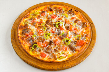 Delicious mixed pizza with rich content. Menu concept of choice and diversity. Pepperoni, Formaggi, Veggie, Karisik pizza