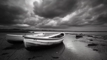 Foto auf Alu-Dibond Black and white photo of boats, dark with clouds. Landscapes photography © Furkan