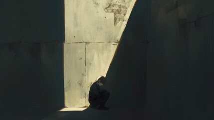 Alone and melancholic a man plagued by claustrophobia finds himself enveloped in darkness - obrazy, fototapety, plakaty