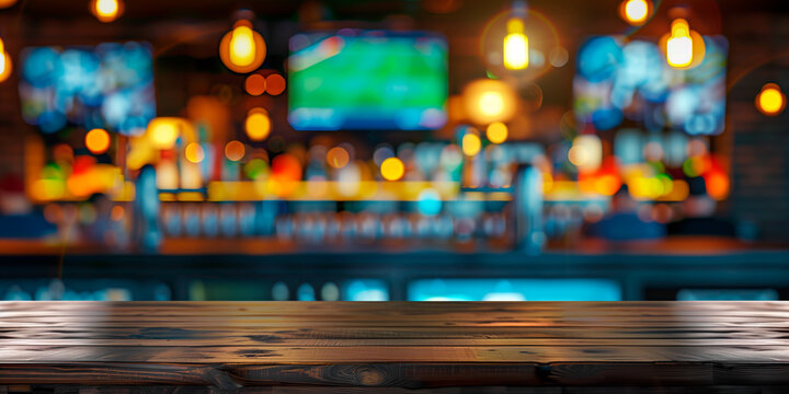 Empty wooden counter in sports bar or pub with blurred TV displays with sporting events at the bar background
