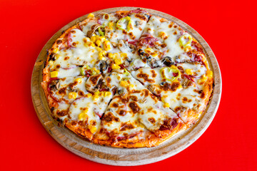 Delicious mixed pizza with rich content. Menu concept of choice and diversity. Pepperoni, Formaggi, Veggie, Karisik pizza