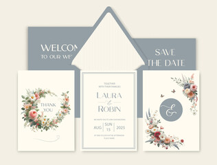 Luxury wedding invitation card background with watercolor flower and botanical leaves.