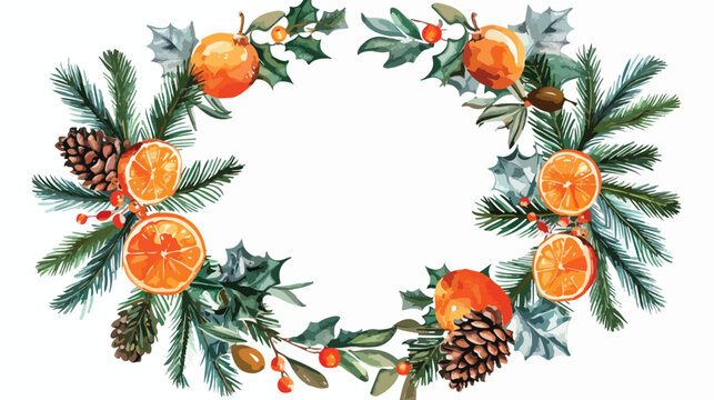 Holly Christmas wreath decorated with oranges pine an