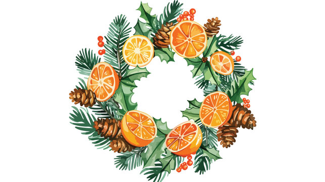 Holly Christmas wreath decorated with oranges pine an