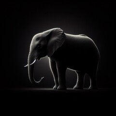 Black background Rim light elephant in profile photography, with the light shining on its fur