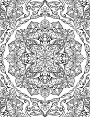Ornamental mandala adult coloring book page. Zentangle style coloring page. Mandala black outline.	