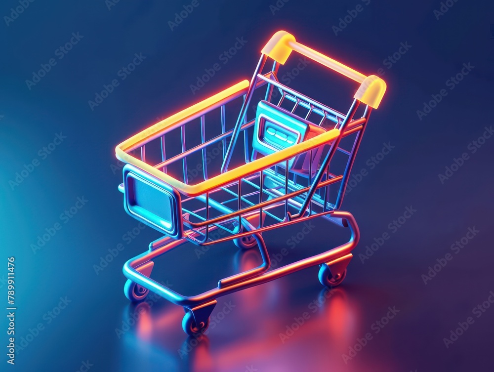 Wall mural 3d icon vibrant neon shopping cart on dark blue gradient background