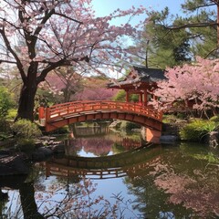 A bridge over a pond with pink cherry blossoms in the background