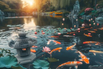 A pond with a small lantern in the middle and a lot of fish