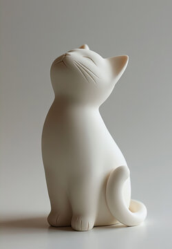 white clay cat model looking up, on white background