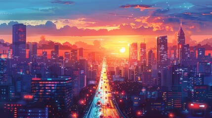 A cityscape with a sunset in the background