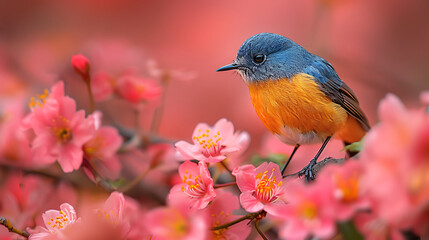 Fototapeta premium Colorful Bird. Songbird in Cherry Blossoms. Generative Ai