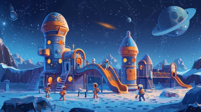 A group of astronauts are playing in a playground on a snowy planet