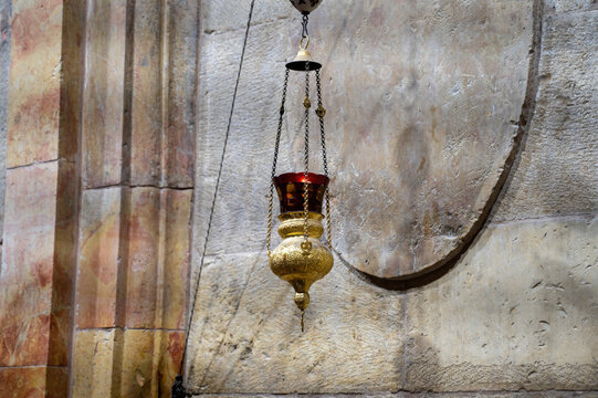 Candle in the Church. Lamp in the Temple. Religious object.