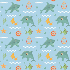 Nautical seamless pattern with cute sea animals. Marine print for fabric and nursery. - obrazy, fototapety, plakaty