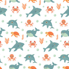 Nautical seamless pattern with cute sea animals. Marine print for fabric and nursery.