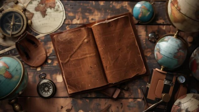 On a wooden table, vintage globes and old leather-bound books, accompanied by navigational tools such as a compass and telescope. Evokes a sense of longing for exploration and adventure. 