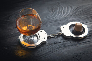 Handcuffs with a glass of cognac. - obrazy, fototapety, plakaty