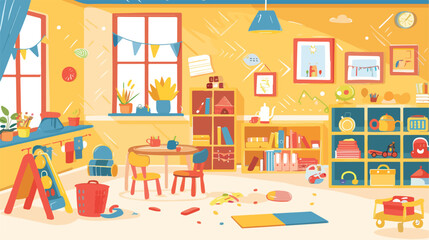 Kindergarten room interior flat vector illustration.
