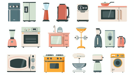 Kitchen appliances set. Fridge washing machine kettle