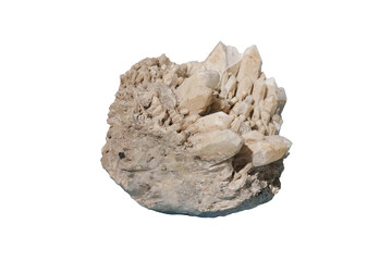 Raw specimen of quartz mineral rock isolated on white background.