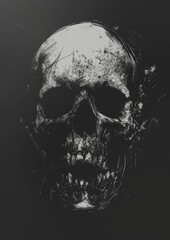 This striking image showcases a skull in monochrome black and white against a black background, with a grunge and splatter art style that gives it a dark, edgy feel