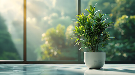 Potted plant on the floor of modern home interior large window suitable and green interior concept suitable for modern decor themes. Copy space