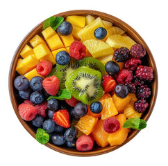 Colorful mixed fruit salad in a white bowl isolated on transparent background
