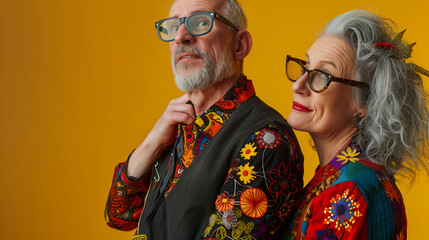 copy space, stockphoto, high resolution, senior Caucasian couple in vivid extravagant outfits and glasses with gray hair, professional photo shoot. elderly couple, man and woman,extravagant vibrant co