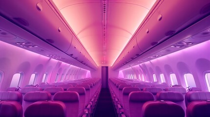 the inside of an airplane with purple lights on the ceiling - obrazy, fototapety, plakaty