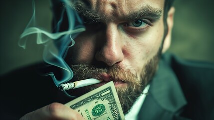 Close-up of a man with a cigarette and a dollar - obrazy, fototapety, plakaty