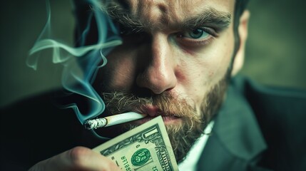 Close-up of a man with a cigarette and a dollar