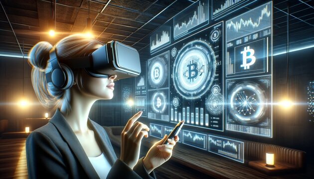 A generated woman in a VR headset interacts with a holographic Bitcoin interface in a futuristic room illuminated by soft lights.