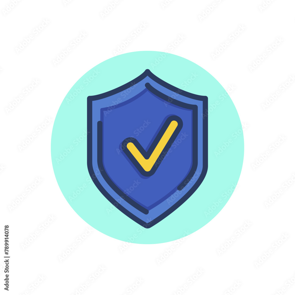 Poster shield with checkmark line icon. test, product, quality outline sign. check marks and business conce