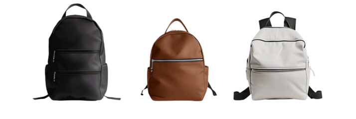 set of different minimalist backpacks for school, featuring sleek designs and neutral colors, isolated on transparent background