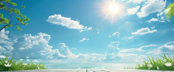Obraz premium Wide Summer Landscape, Vibrant Blue Sky and Lush Green Fields - Ideal for Holiday Promotions, Vacation Themes, Outdoor Leisure Industry - Travel, Tourism.
