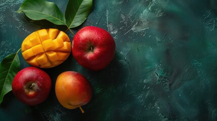 Flat lay with red apples on yellow background, Fresh red apples with green leaves on wooden table. On wooden background.