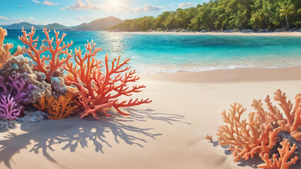 Rock Coral reef on sandy beach summer