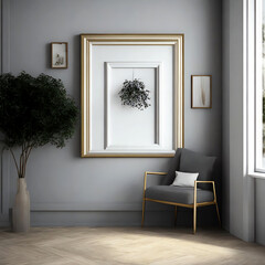 room with window and wall  with photo frame mockup